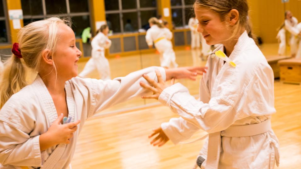 Zwei Mädchen im Karateanzug üben spielerisch im Trainingsraum miteinander, umgeben von weiteren Trainierenden.